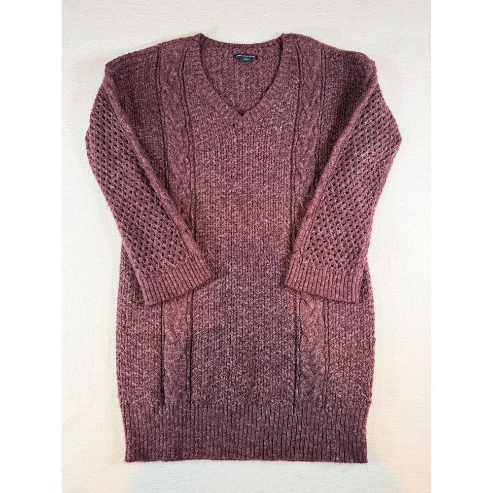 American Eagle Burgundy Cable Knit V-Neck Tunic Sweater Large Crochet Sleeve